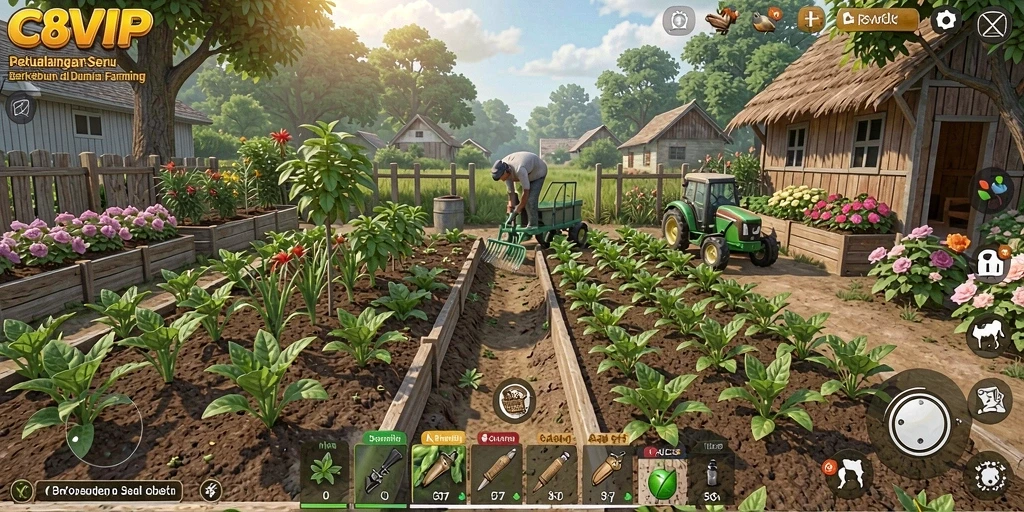 Screenshot C8VIP menunjukkan gameplay berkebun yang seru dan penuh warna.