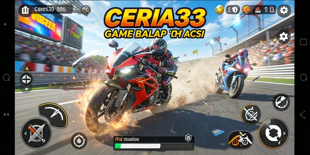 Screenshot CERIA33 menampilkan balapan motor yang intens dan kompetitif.
