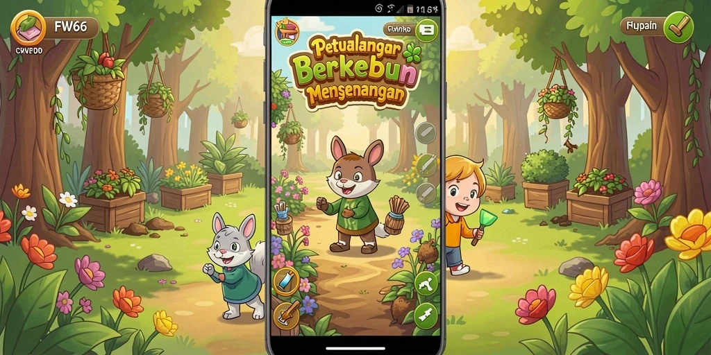 Screenshot gameplay FW66 dengan kebun yang indah.