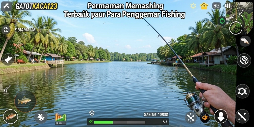 Screenshot GATOTKACA123 menampilkan momen menangkap ikan dengan latar belakang laut yang indah.