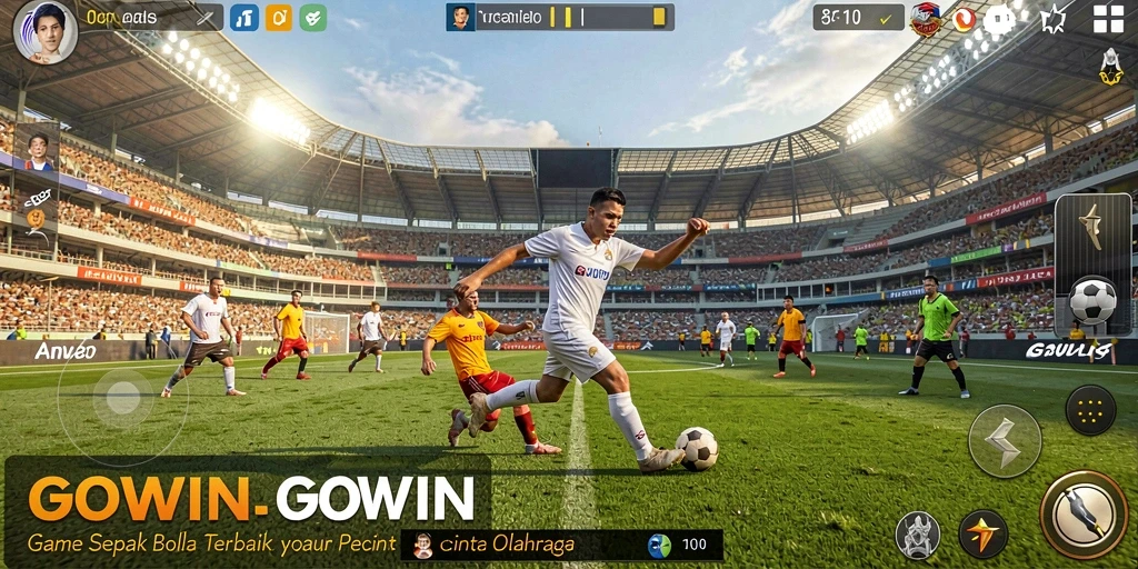 Screenshot utama GOWIN menampilkan aksi seru di lapangan sepak bola.