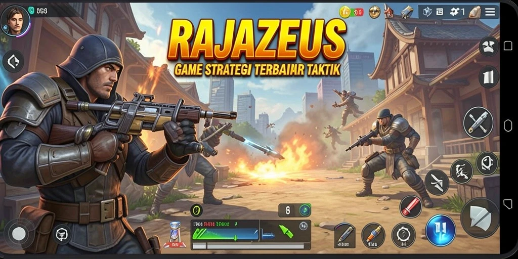 Tangkapan layar gameplay RAJAZEUS yang menunjukkan pertempuran strategis.