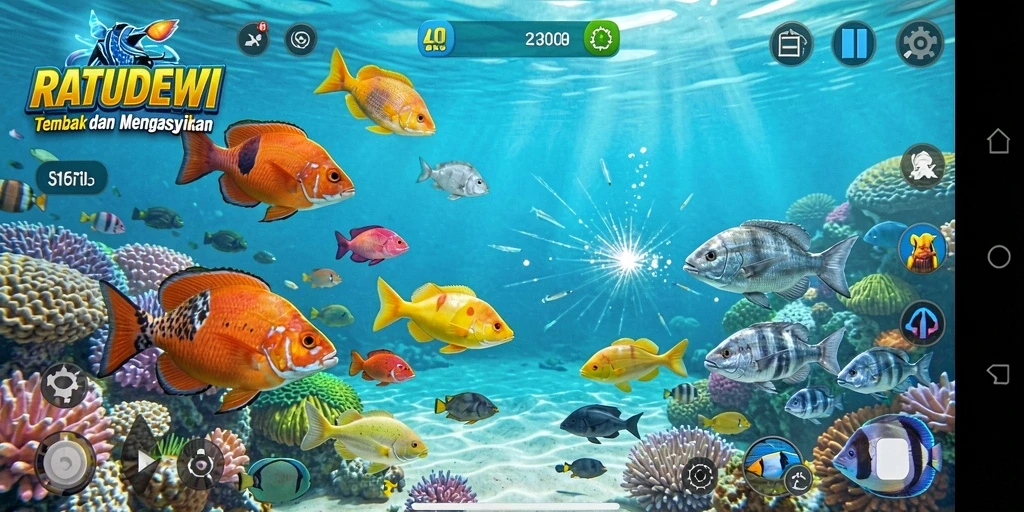 Tangkapan layar gameplay RATUDEWI menunjukkan aksi seru menembak ikan.