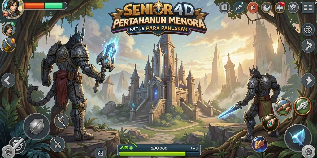 Tampilan gameplay SENIOR4D dengan menara yang beragam dan serangan musuh yang menarik.